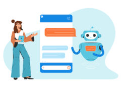 Flat woman chatting with chatbot, communicating AI robot assistant