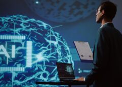 Startup employee looking over business charts, using AI software