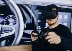 Man using and playing with vr glasses