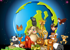 Many animals round the world on white background