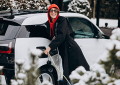 Woman charging electro car by her house